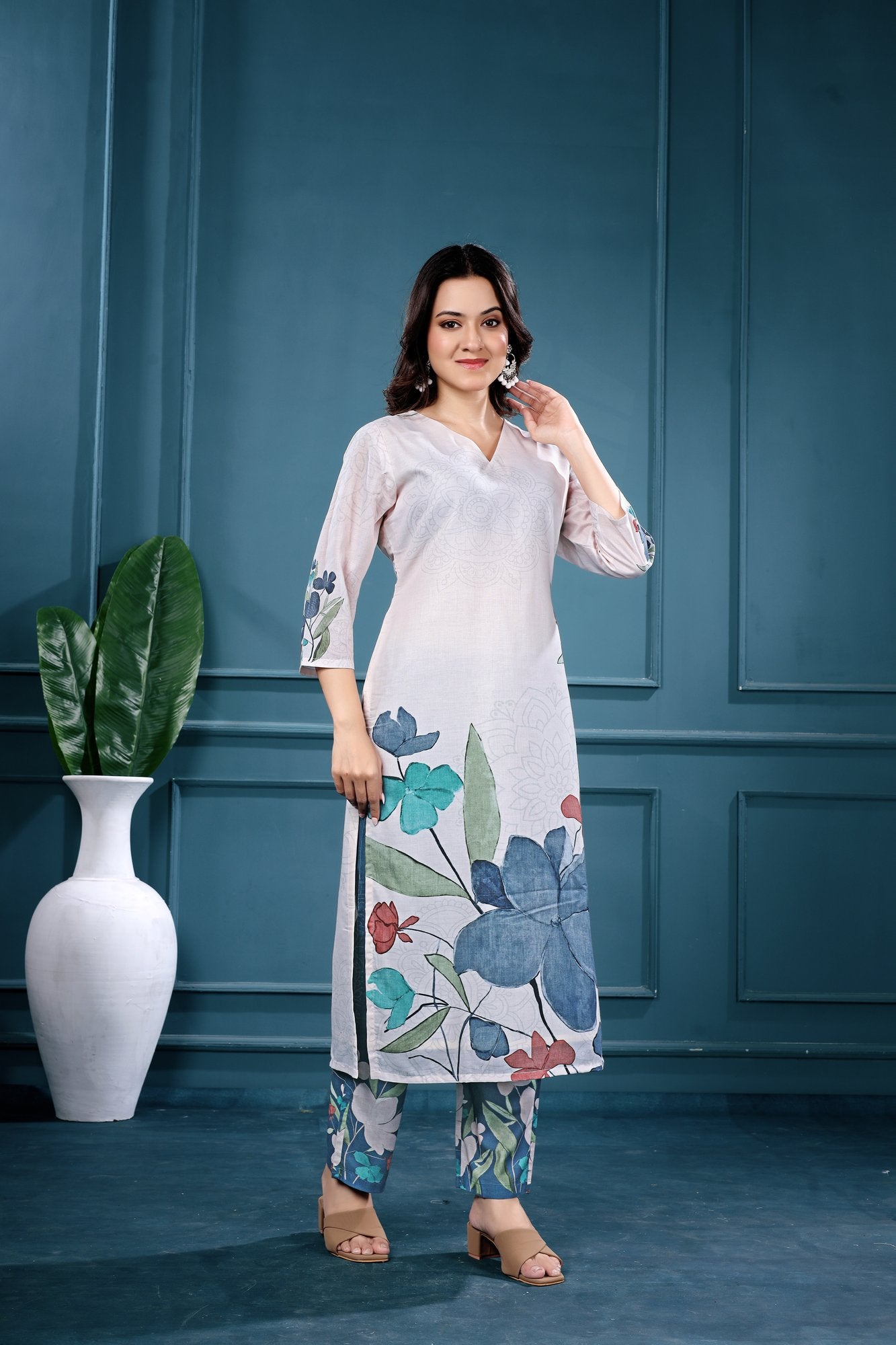 Neel Blossom Co-ord — off-white floral co-ord set, front