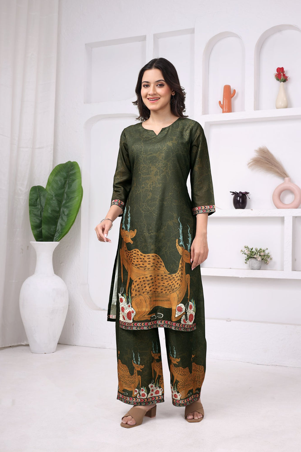 Vana Mrig Kalamkari Co-ord — forest-green deer-motif co-ord set, front