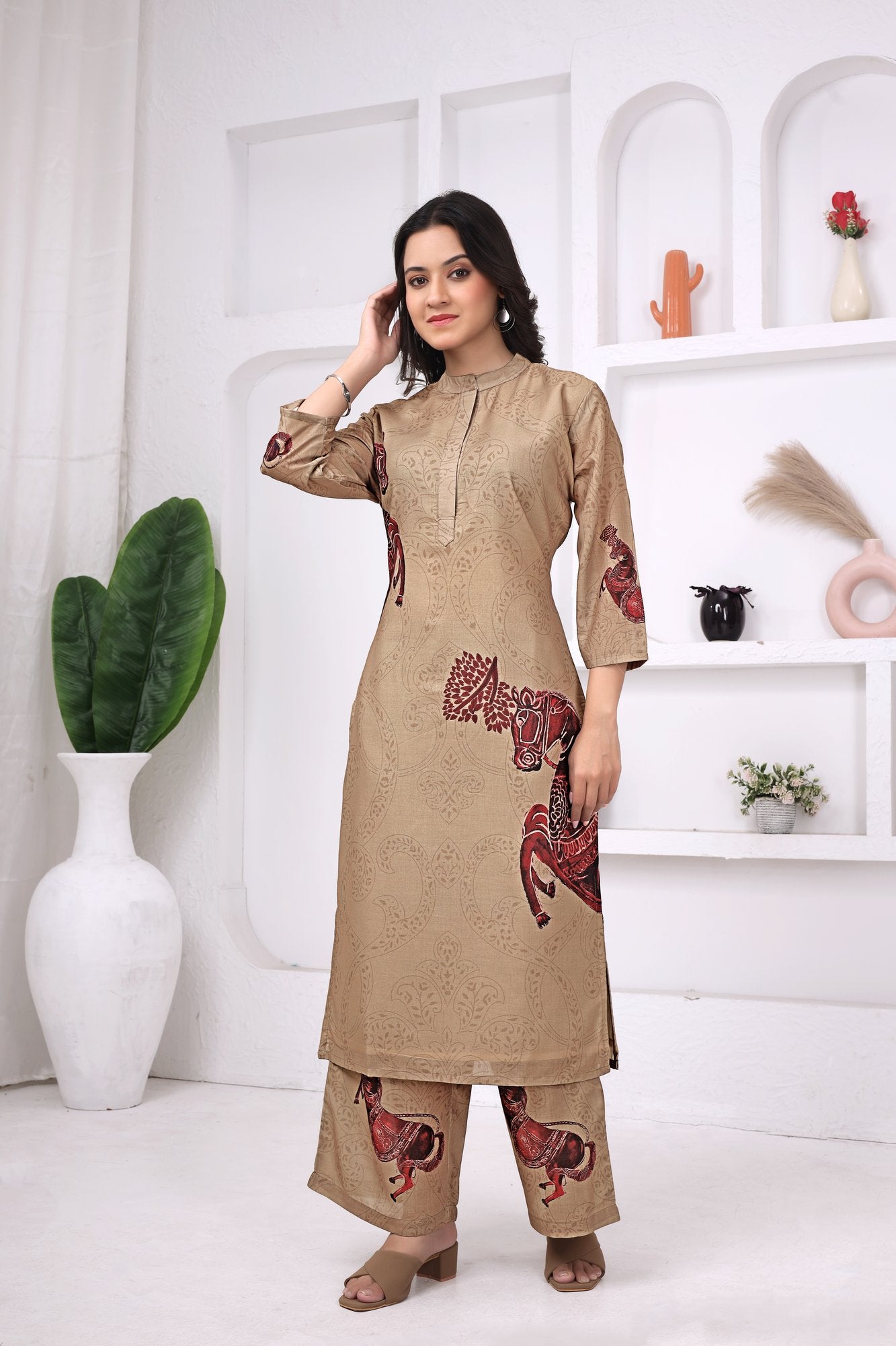 Ashwa Kalamkari Co-ord — beige horse-motif co-ord set, front